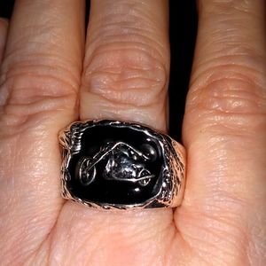 Black Enamel and Silver Tone Ring size 11